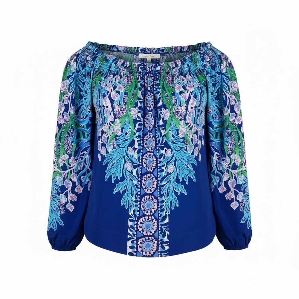 Lilly Pulitzer Womens Blue Floral Off The Shoulder Blouson Sleeve Blouse XL